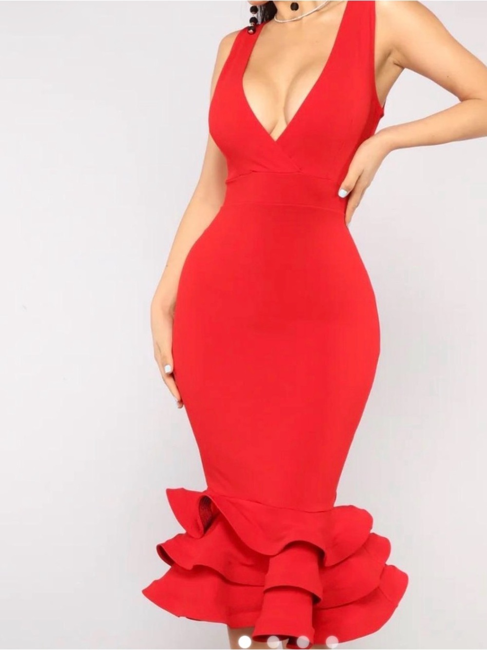 Red V-Neck Ruffle-Hem Bodycon Dress